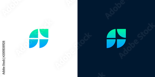 Abstract geometric leaf logo design featuring a vibrant blue-green gradient, symbolizing growth, innovation, and connection. A modern and versatile digital graphic identity for various businesses