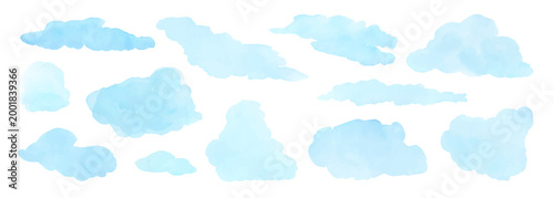 Soft blue watercolor clouds float across white vector illustration set, perfect for dreamy sky designs, abstract art projects, and elegant creative backdrops with gentle brush strokes collection.
