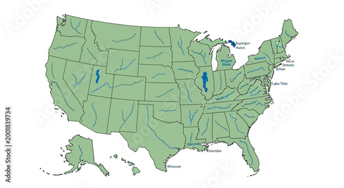 United States of America Map: A detailed geographical depiction of the United States, showcasing each state with its boundaries and significant waterways.