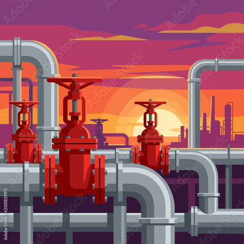 Industrial Pipeline Network with Red Control Valves and Steel Pipes at an Oil Refinery During Sunset, Energy Infrastructure Illustration