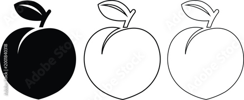 Minimalist peach fruit icon set, black silhouette and outline peach vectors, simple organic food symbols for healthy lifestyle branding