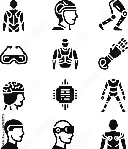 Set of black glyph representing cybernetic human body parts and futuristic technology