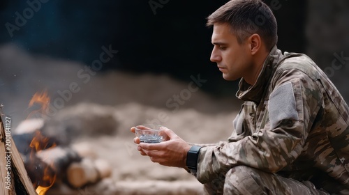 A man holds a glass of hot tea by a bonfire in a winter camp in Russia as darkness falls in the nearby forest