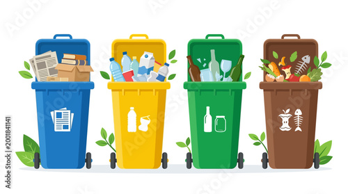 Four Colorful Recycling Trash Bins Lined.