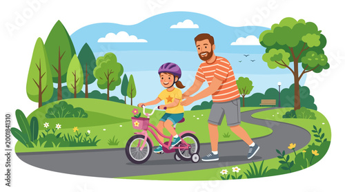Man helping little girl ride bicycle.