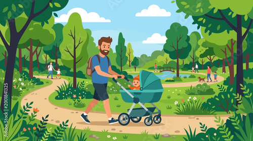 Man pushing baby stroller outdoors.
