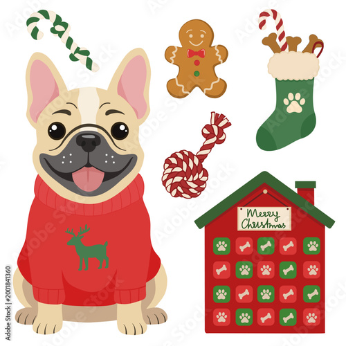 French Bulldog Christmas Set with Reindeer Sweater and Pet Advent Calendar on a transparent background