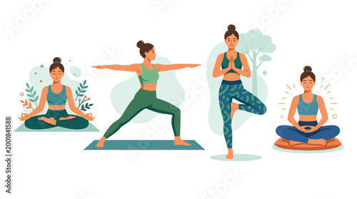 Women practicing yoga in various poses.