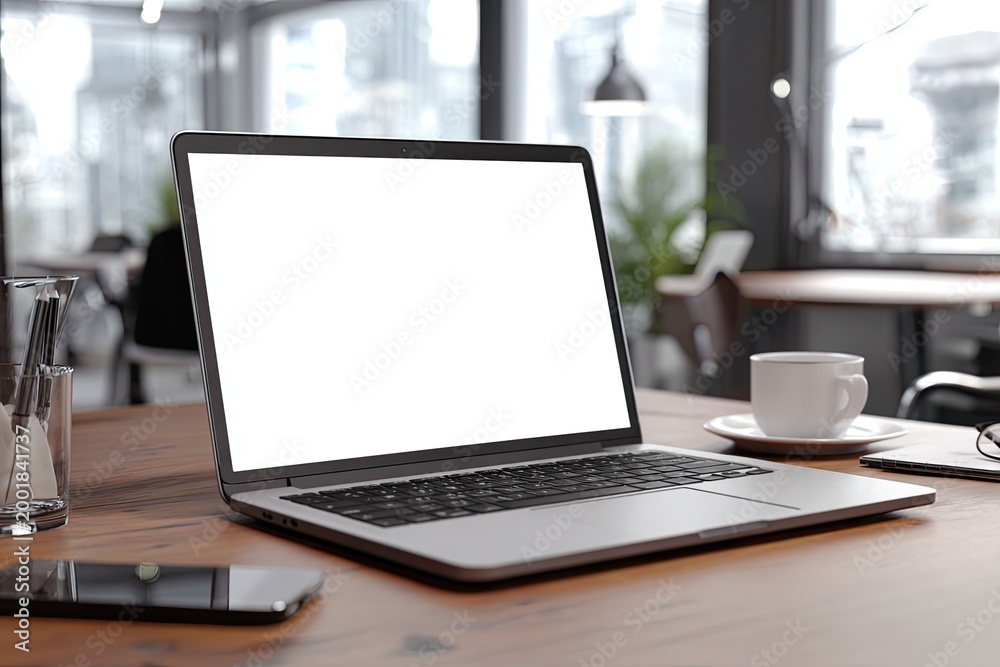Fototapeta premium A silver laptop with a blank white screen sits on a wooden desk next to a cup of coffee.