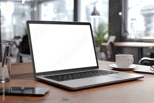 A silver laptop with a blank white screen sits on a wooden desk next to a cup of coffee.