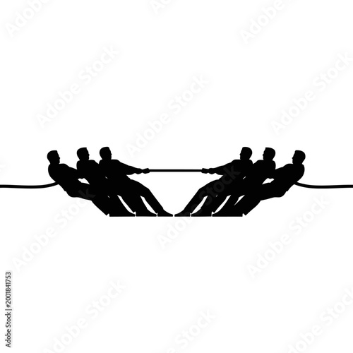 Silhouette of two teams pulling a rope in a tug of war competition.