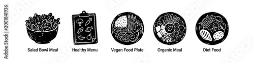Set of hand-drawn icons for healthy eating, including salad bowls, vegan plates, and a diet menu. Minimalist black and white linocut style for nutrition and wellness concepts.