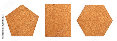 Cork bulletin board with wooden frame and realistic textures set, perfect for office memos, school notices, and pinboard shape vector illustration collection displays in brown natural tones.