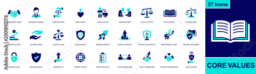 Core values icon set. Containing trust handshake, ethics book, fair balance, legal shield, secure lock, target focus, task checklist, helping hand and more. Solid fill vector icons.