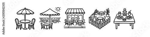 Set of hand-drawn vector icons depicting outdoor cafe and restaurant dining scenes, including patio seating, sidewalk tables, and terrace views in a minimalist line art style.