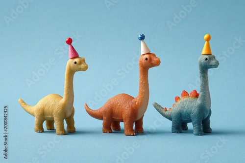 Three colorful toy dinosaurs, each wearing a festive party hat, stand in a row against a soft blue background, creating a playful and whimsical scene.