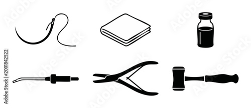 Medical Surgical Instruments Set Icons - Scalpel, Suture Needle, Medical Hammer and Vial - Professional Healthcare Equipment Collection for Clinical Procedures, Hospital Supplies, and Modern Laborator