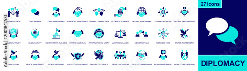 Diplomacy icon set. Containing handshake, globe, peace dove, embassy, justice scale, team discussion, world partnership, chat bubble, network hub and more. Solid fill vector icons.