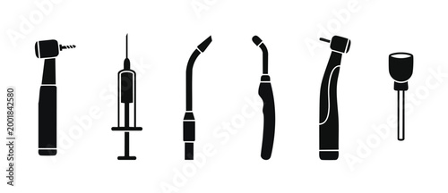 Dental Instruments Icon Set, Professional Dentistry Tools and Medical Equipment Collection, Isolated Black Silhouettes for Oral Healthcare Clinic Designs, Hygienist Supplies, Tooth Care Clinic Vector