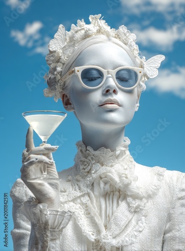 White Statue of Woman with Sunglasses and Funnel.