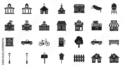 Collection of Small Town Building and Object Icons.