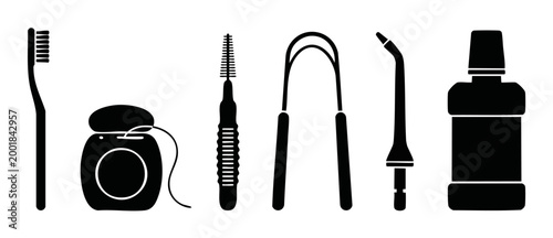Dental Oral Hygiene Tools Icon Set, Professional Teeth Cleaning Equipment Including Toothbrush, Floss, Interdental Brush, Tongue Scraper, Water Flosser and Mouthwash Bottle for Daily Dental Care Routi
