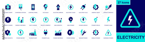 Electricity icon set. Containing battery, charging station, electric plug, fast charge, power plant, power meter, repair tool, warning sign, eco bulb and more. Solid fill vector icons.