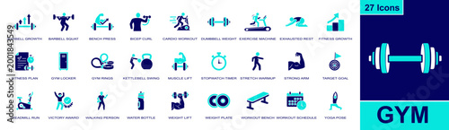 Gym fitness icon set. Containing bench press, bicep curl, cardio workout, dumbbell weight, gym rings, target goal, treadmill run, yoga pose, strong arm and more. Solid fill vector icons.