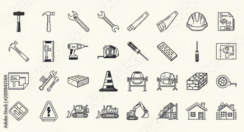 Collection of construction tools and equipment icons hand drawn style.
