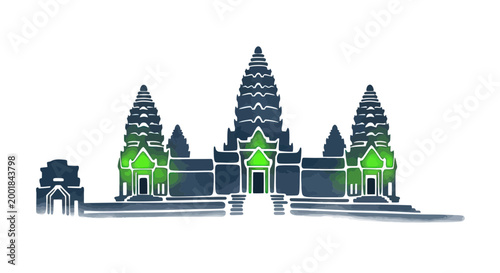 Angkor Wat Temple Illustration, Cambodia Landmark, Ancient Architecture, Travel Destination