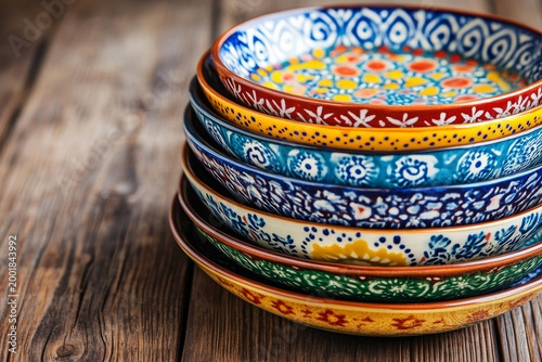 selective focus hand-painted designs in rich blues, yellows and reds