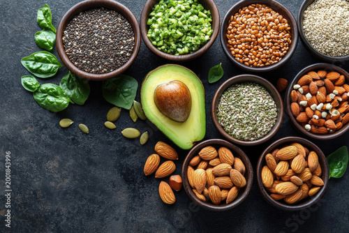Flat Lay of Nutritious Superfoods on a Dark Background
