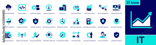 IT icon set. Containing cloud network, code panel, data transfer, server setup, system sync, tech support, secure shield, desktop setup, system upgrade and more. Solid fill vector icons.