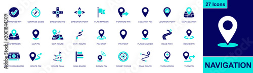 Navigation icon set. Containing compass guide, location pin, map route, flag marker, route plan, turn arrow, sign board, place marker, target focus and more. Solid fill vector icons.