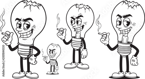 Smoking light bulb characters, cartoon set, black and white illustration, humorous icons