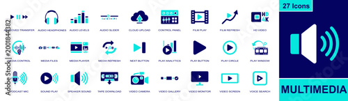 Multimedia icon set. Containing audio headphones, cloud upload, film play, media player, play button, podcast mic, speaker, video camera, video screen and more. Solid fill vector icons.