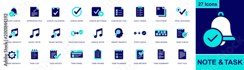 Task planner icon set. Containing alert check, calendar, checklist file, daily tasks, task board, task planner, task review, task summary, text file and more. Solid fill vector icons.
