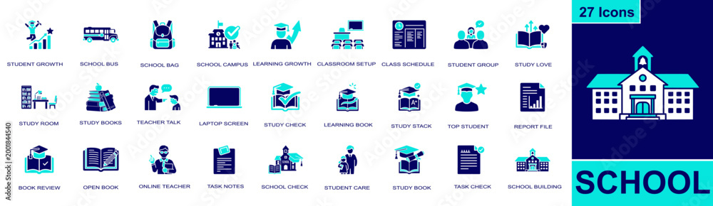 Obraz premium School icon set. Containing school bus, school bag, class schedule, study books, teacher talk, student group, top student, open book, school building and more. Solid fill vector icons.