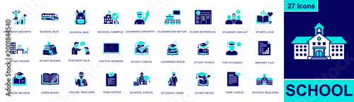 School icon set. Containing school bus, school bag, class schedule, study books, teacher talk, student group, top student, open book, school building and more. Solid fill vector icons.