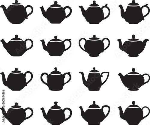Teapot silhouette icon set for kitchen cafe and vintage design