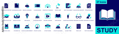 Study icon set. Containing approved report, bookmark book, class board, graduation cap, online lesson, open book, school bag, student ID, study desk and more. Solid fill vector icons.