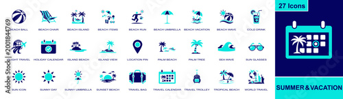 Summer vacation icon set. Containing beach ball, beach chair, island beach, cold drink, travel bag, sea wave, sun glasses, tropical beach, world travel and more. Solid fill vector icons.