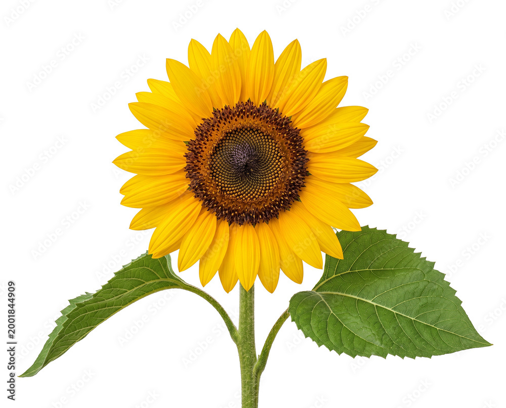 Obraz premium Isolated Sunflower with vibrant yellow petals, dark brown textured center disk, thick gre