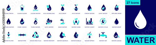 Water conservation icon set. Containing clean water, pure water, water filter, water tap, water recycle, water pipe, water cycle, water usage, safe water and more. Solid fill vector icons.