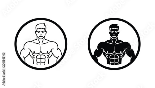 Muscular male fitness athlete showing abdominal muscles in circular icon design as vector illustration set
