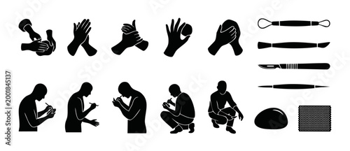 Pottery Making Process Icons Set, Clay Sculpting Tools and Artist Working Silhouettes for Ceramics Workshop, Crafting Manual Skills, Hands Shaping Clay, Professional Modeling Equipment Graphic Element