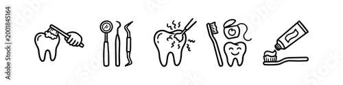 Set of hand-drawn dental care and hygiene icons featuring tooth brushing, dental tools, cavity treatment, and oral health items in a black and white doodle style.