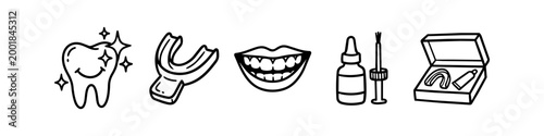 Dental teeth whitening kit icon set featuring a sparkling tooth, mouth tray, smiling lips, gel bottle with brush, and product packaging. Hand-drawn line art style for oral hygiene and care.