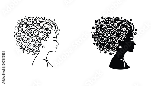 Woman silhouette with hair made of swirling flowers hearts and decorative ornaments in black and white vector illustration for beauty and feminine branding