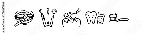 Dental care and oral hygiene icon set featuring hand-drawn illustrations of tooth brushing, dental tools, floss, and a healthy tooth. Minimalist black and white vector line art style.